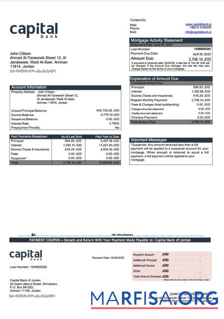 Downloadable Jordan Capital Bank of Jordan mortgage statement Word and PDF template